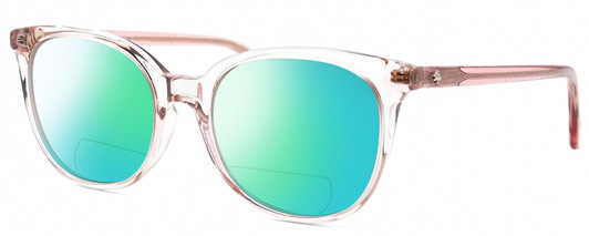 Profile View of Kate Spade ANDRIA Designer Polarized Reading Sunglasses with Custom Cut Powered Green Mirror Lenses in Gloss Pink Crystal Sparkly Glitter Ladies Cat Eye Full Rim Acetate 51 mm