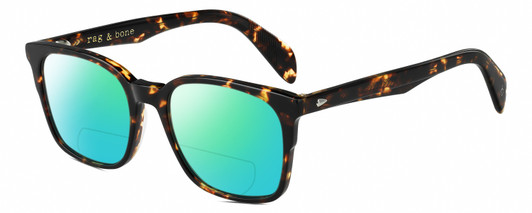 Profile View of Rag&Bone RNB5016/S Designer Polarized Reading Sunglasses with Custom Cut Powered Green Mirror Lenses in Gloss Tortoise Havana Brown Amber Silver Unisex Square Full Rim Acetate 52 mm