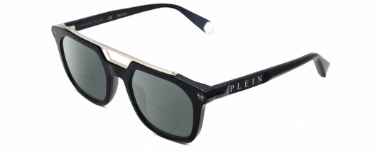Profile View of Philipp Plein SPP001M Designer Polarized Reading Sunglasses with Custom Cut Powered Smoke Grey Lenses in Gloss Black Silver Unisex Square Full Rim Acetate 51 mm