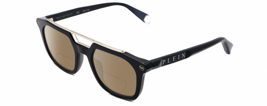 Profile View of Philipp Plein SPP001M Designer Polarized Reading Sunglasses with Custom Cut Powered Amber Brown Lenses in Gloss Black Silver Unisex Square Full Rim Acetate 51 mm