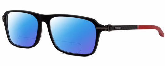 Profile View of Chopard VCH310 Designer Polarized Reading Sunglasses with Custom Cut Powered Blue Mirror Lenses in Gloss Black Gold Grey Unisex Rectangular Full Rim Acetate 52 mm