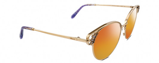 Profile View of Chopard VCHC51S Designer Polarized Sunglasses with Custom Cut Red Mirror Lenses in Shiny 23KT Gold Plated Silver Gemstone Accents Lilac Purple Glitter Ladies Cat Eye Full Rim Metal 54 mm