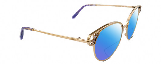 Profile View of Chopard VCHC51S Designer Polarized Reading Sunglasses with Custom Cut Powered Blue Mirror Lenses in Shiny 23KT Gold Plated Silver Gemstone Accents Lilac Purple Glitter Ladies Cat Eye Full Rim Metal 54 mm