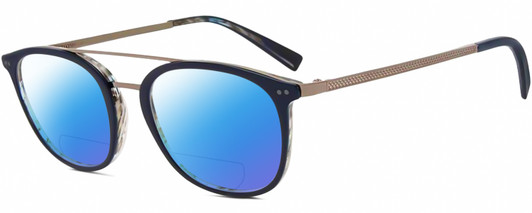 Profile View of John Varvatos V378 Designer Polarized Reading Sunglasses with Custom Cut Powered Blue Mirror Lenses in Gloss Navy Blue Smokey Grey 2-Tone Gunmetal Unisex Panthos Full Rim Acetate 49 mm