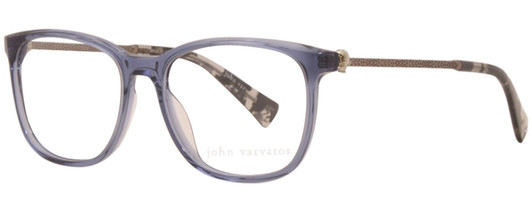 Profile View of John Varvatos V419 Designer Single Vision Prescription Rx Eyeglasses in Blue Crystal Gunmetal Skull Accents Clear Black Marble Unisex Panthos Full Rim Acetate 54 mm
