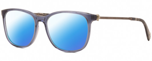 Profile View of John Varvatos V419 Designer Polarized Sunglasses with Custom Cut Blue Mirror Lenses in Blue Crystal Gunmetal Skull Accents Clear Black Marble Unisex Panthos Full Rim Acetate 54 mm