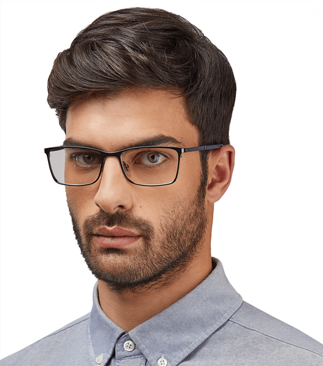 Side View of Police VPLA46 Designer Progressive Lens Prescription Rx Eyeglasses in Matte Navy Blue Cyan Silver Unisex Rectangular Full Rim Metal 56 mm