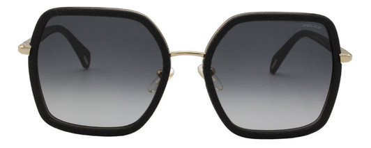 Front View of Police SPLA20 Women's Square Sunglasses in Black Glitter Gold/Grey Gradient 58mm