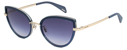 Profile View of Police SPLC25 Women's Cat Eye Sunglasses Navy Glitter Silver/Blue Gradient 55 mm