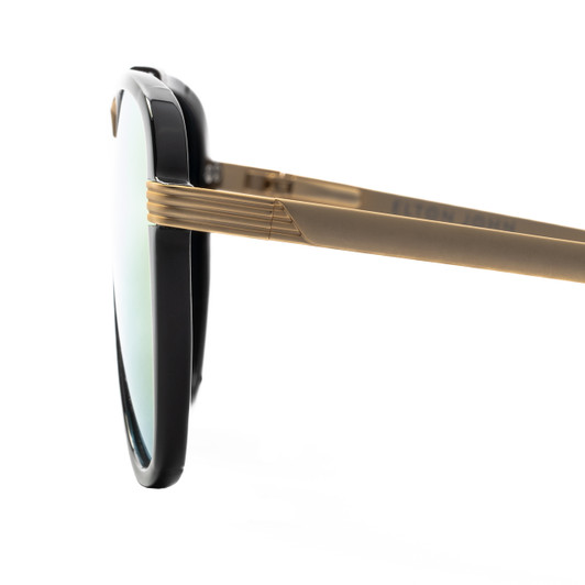 Close Up View of Elton John CAPTAIN FANTASTIC Unisex Sunglass in Black/Polarized Red Mirror 56 mm