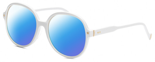 Profile View of Elton John DODGERS 1975 Designer Polarized Sunglasses with Custom Cut Blue Mirror Lenses in White Unisex Round Full Rim Acetate 59 mm