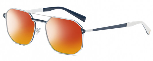 Profile View of Elton John DODGER STADIUM Designer Polarized Sunglasses with Custom Cut Red Mirror Lenses in White Royal Blue Unisex Hexagonal Full Rim Stainless Steel 56 mm