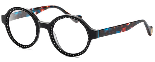 Profile View of Elton John WIZARD Designer Blue Light Blocking Eyeglasses in Black Red Blue Psychedelic Rainbow Multicolor Ladies Round Full Rim Acetate 48 mm