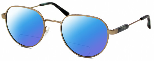 Profile View of Elton John BOHEMIAN Designer Polarized Reading Sunglasses with Custom Cut Powered Blue Mirror Lenses in Antique Light Gold Green Blue Tortoise Ladies Oval Full Rim Metal 48 mm