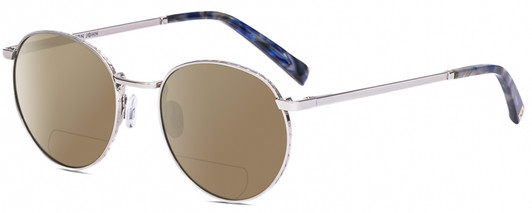 Profile View of Elton John CHOPIN 2 Designer Polarized Reading Sunglasses with Custom Cut Powered Amber Brown Lenses in Platinum Silver Blue Grey Unisex Round Full Rim Metal 50 mm