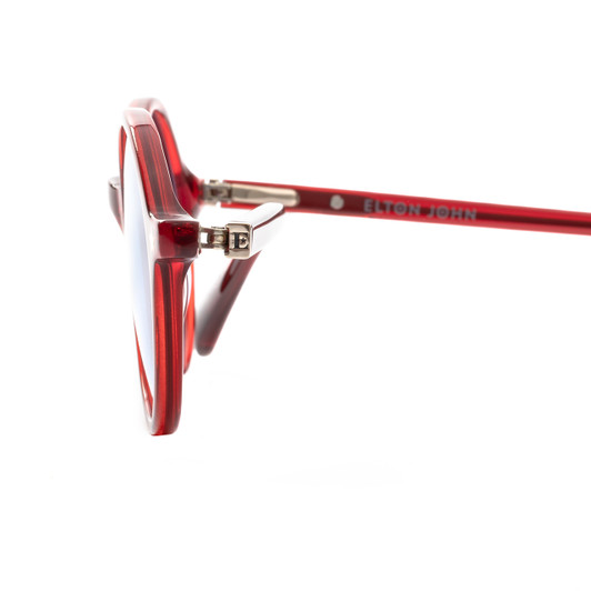 Close Up View of Elton John CHORISTER Unisex Sunglasses in Ruby Red Crystal/Blue Anti-Glare 46 mm
