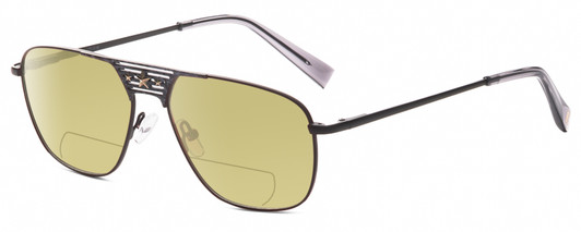 Profile View of Elton John CONCORDE Designer Polarized Reading Sunglasses with Custom Cut Powered Sun Flower Yellow Lenses in Matte Gunmetal Black Unisex Pilot Full Rim Metal 56 mm