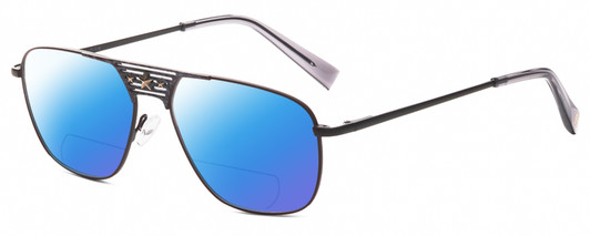 Profile View of Elton John CONCORDE Designer Polarized Reading Sunglasses with Custom Cut Powered Blue Mirror Lenses in Matte Gunmetal Black Unisex Pilot Full Rim Metal 56 mm