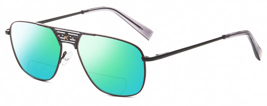 Profile View of Elton John CONCORDE Designer Polarized Reading Sunglasses with Custom Cut Powered Green Mirror Lenses in Matte Gunmetal Black Unisex Pilot Full Rim Metal 56 mm