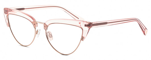Profile View of Elton John DOO WOP 1 Designer Blue Light Blocking Eyeglasses in Rose Pink Crystal Gold Ladies Cat Eye Full Rim Acetate 54 mm
