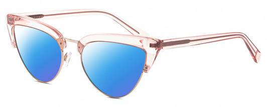 Profile View of Elton John DOO WOP 1 Designer Polarized Sunglasses with Custom Cut Blue Mirror Lenses in Rose Pink Crystal Gold Ladies Cat Eye Full Rim Acetate 54 mm