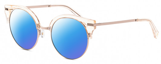 Profile View of Elton John DUCKTAIL 3 Designer Polarized Sunglasses with Custom Cut Blue Mirror Lenses in Gold Holographic Crystal Ladies Cat Eye Full Rim Metal 52 mm