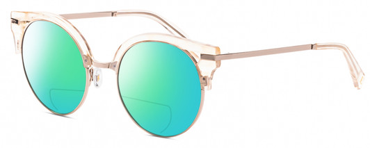 Profile View of Elton John DUCKTAIL 3 Designer Polarized Reading Sunglasses with Custom Cut Powered Green Mirror Lenses in Gold Holographic Crystal Ladies Cat Eye Full Rim Metal 52 mm