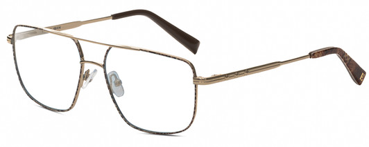 Profile View of Elton John KING Designer Progressive Lens Blue Light Blocking Eyeglasses in Shiny Gold Beige Brown Snakeskin Pattern Unisex Square Full Rim Metal 55 mm
