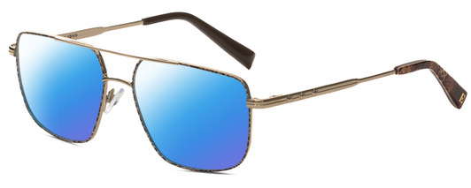 Profile View of Elton John KING Designer Polarized Sunglasses with Custom Cut Blue Mirror Lenses in Shiny Gold Beige Brown Snakeskin Pattern Unisex Square Full Rim Metal 55 mm