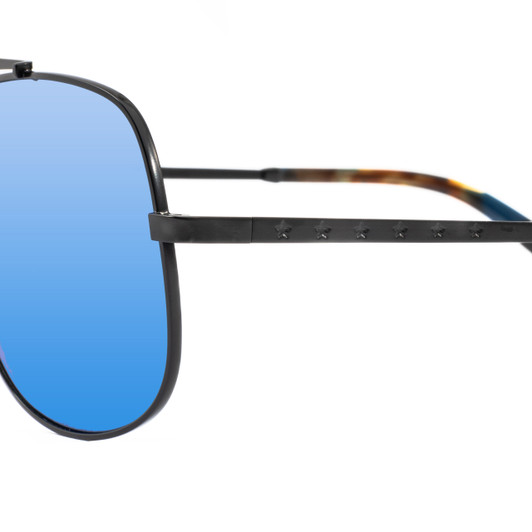 Close Up View of Elton John LEMANS 2 Unisex Pilot Sunglasses in Black/Polarized Blue Mirror 57 mm