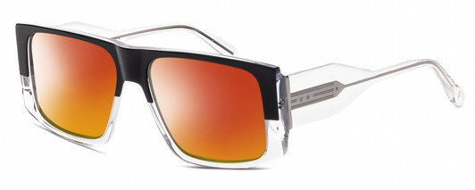 Profile View of Elton John LUCKY STAR 2 Designer Polarized Sunglasses with Custom Cut Red Mirror Lenses in Black Fade Blue Grey Clear Crystal Unisex Square Full Rim Acetate 58 mm