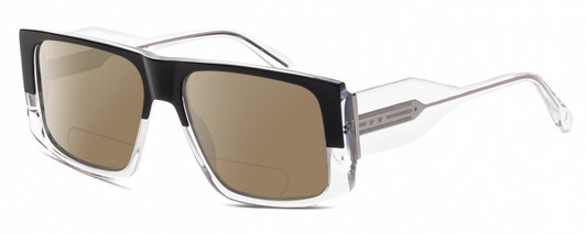 Profile View of Elton John LUCKY STAR 2 Designer Polarized Reading Sunglasses with Custom Cut Powered Amber Brown Lenses in Black Fade Blue Grey Clear Crystal Unisex Square Full Rim Acetate 58 mm