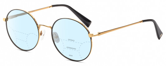 Profile View of Elton John MALIBU Designer Progressive Lens Blue Light Blocking Eyeglasses in Yellow Gold Black Unisex Round Full Rim Metal 54 mm