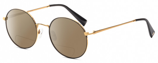 Profile View of Elton John MALIBU Designer Polarized Reading Sunglasses with Custom Cut Powered Amber Brown Lenses in Yellow Gold Black Unisex Round Full Rim Metal 54 mm