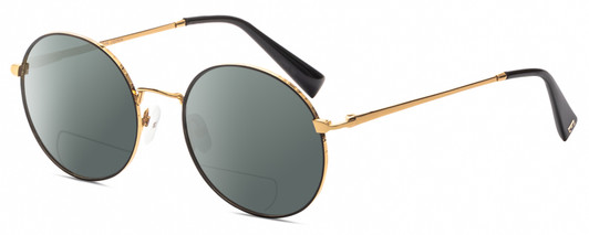 Profile View of Elton John MALIBU 2 Designer Polarized Reading Sunglasses with Custom Cut Powered Smoke Grey Lenses in Rose Gold Black Unisex Round Full Rim Metal 54 mm