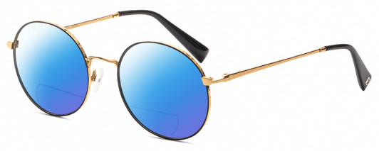 Profile View of Elton John MALIBU 2 Designer Polarized Reading Sunglasses with Custom Cut Powered Blue Mirror Lenses in Rose Gold Black Unisex Round Full Rim Metal 54 mm