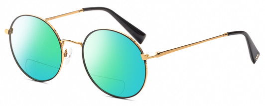 Profile View of Elton John MALIBU 2 Designer Polarized Reading Sunglasses with Custom Cut Powered Green Mirror Lenses in Rose Gold Black Unisex Round Full Rim Metal 54 mm