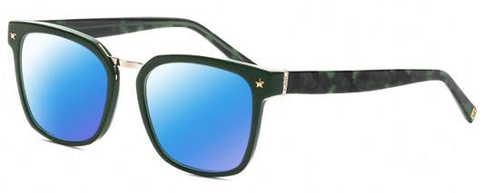 Profile View of Elton John OPUS Designer Polarized Sunglasses with Custom Cut Blue Mirror Lenses in Emerald Green Black Marble Silver Unisex Panthos Full Rim Acetate 53 mm
