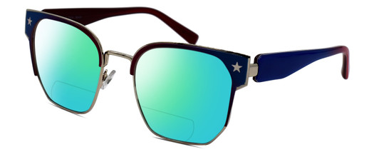 Profile View of Elton John SHERBET 1 Designer Polarized Reading Sunglasses with Custom Cut Powered Green Mirror Lenses in Blue Red Pink Fade Gold Unisex Cat Eye Full Rim Metal 53 mm