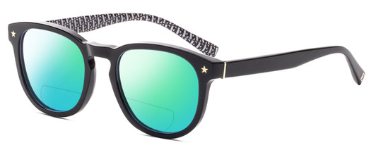 Profile View of Elton John SONATA Designer Polarized Reading Sunglasses with Custom Cut Powered Green Mirror Lenses in Vinyl Black White E Pattern Unisex Panthos Full Rim Acetate 48 mm