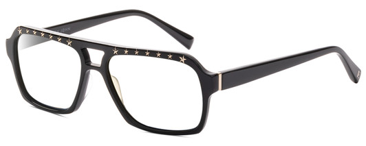 Profile View of Elton John VIP Designer Progressive Lens Blue Light Blocking Eyeglasses in Vinyl Black Gold Stars Unisex Square Full Rim Acetate 56 mm