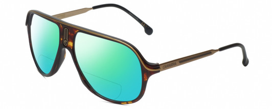 Profile View of Carrera SAFARI 65 Designer Polarized Reading Sunglasses with Custom Cut Powered Green Mirror Lenses in Havana Tortoise Brown Gold Black Unisex Pilot Full Rim Acetate 62 mm