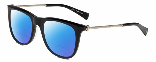 Profile View of John Varvatos V544 Designer Polarized Reading Sunglasses with Custom Cut Powered Blue Mirror Lenses in Gloss Black Silver Skull Unisex Square Full Rim Acetate 54 mm