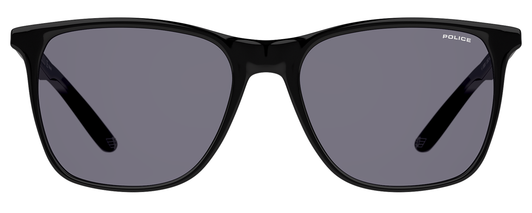 Front View of Police SPL872 Unisex Full Rim Designer Sunglasses in Gloss Black/Dark Grey 56 mm