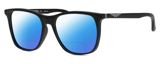 Profile View of Police SPL872 Designer Polarized Reading Sunglasses with Custom Cut Powered Blue Mirror Lenses in Gloss Black Grey Unisex Square Full Rim Acetate 56 mm