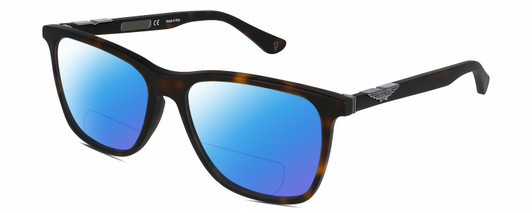 Profile View of Police SPL872 Designer Polarized Reading Sunglasses with Custom Cut Powered Blue Mirror Lenses in Matte Tortoise Havana Brown Silver Unisex Square Full Rim Acetate 56 mm