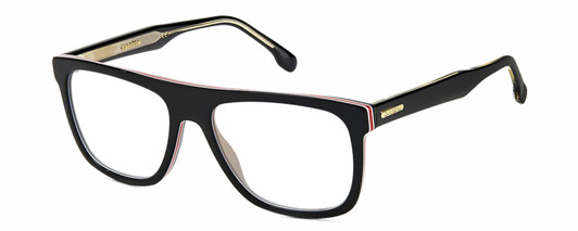 Profile View of Carrera 267-S-0M4P Designer Reading Eye Glasses in Gloss Black White Red Gold Unisex Rectangular Full Rim Acetate 56 mm