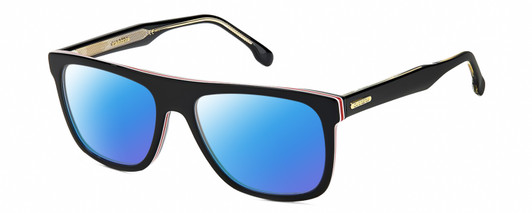 Profile View of Carrera 267-S-0M4P Designer Polarized Sunglasses with Custom Cut Blue Mirror Lenses in Gloss Black White Red Gold Unisex Rectangular Full Rim Acetate 56 mm