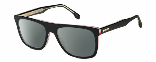 Profile View of Carrera 267-S-0M4P Designer Polarized Sunglasses with Custom Cut Smoke Grey Lenses in Gloss Black White Red Gold Unisex Rectangular Full Rim Acetate 56 mm