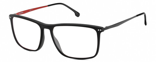 Profile View of Carrera 8049/S-003 Designer Reading Eye Glasses in Matte Black Red Unisex Square Full Rim Acetate 58 mm